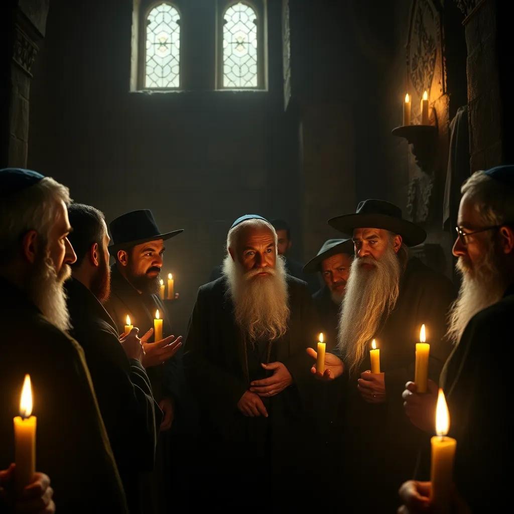 A dark temple interior with flickering candlelight, two groups of Jewish men arguing, a wise rabbi with a long white beard, intense expressions, shadows on the walls, emotional atmosphere, digital art, detailed, warm candlelight, dramatic tension, high quality