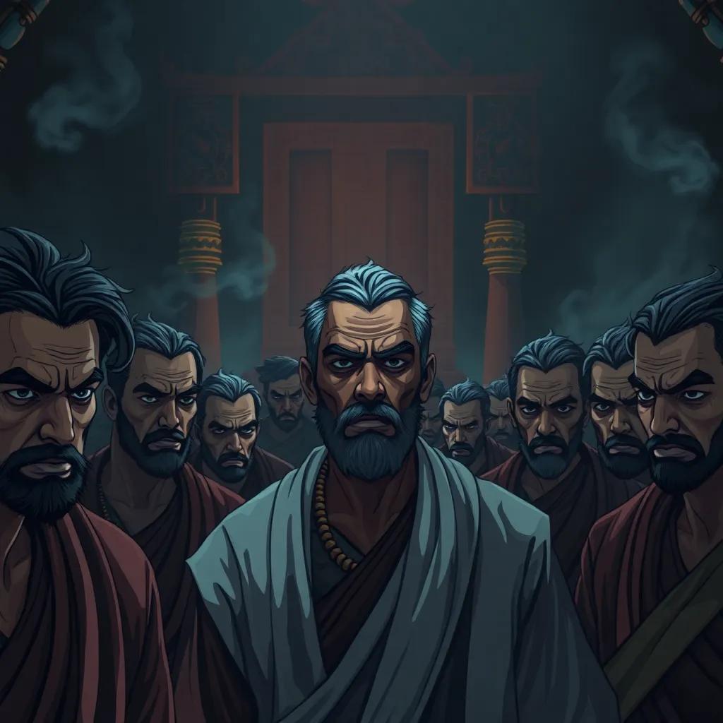 A gathering of nervous Nassara men in a dimly lit temple, their leader with a determined look, a sense of unease in the air, strong expressions, mystical ambiance, digital illustration, rich colors, storytelling view, high detail