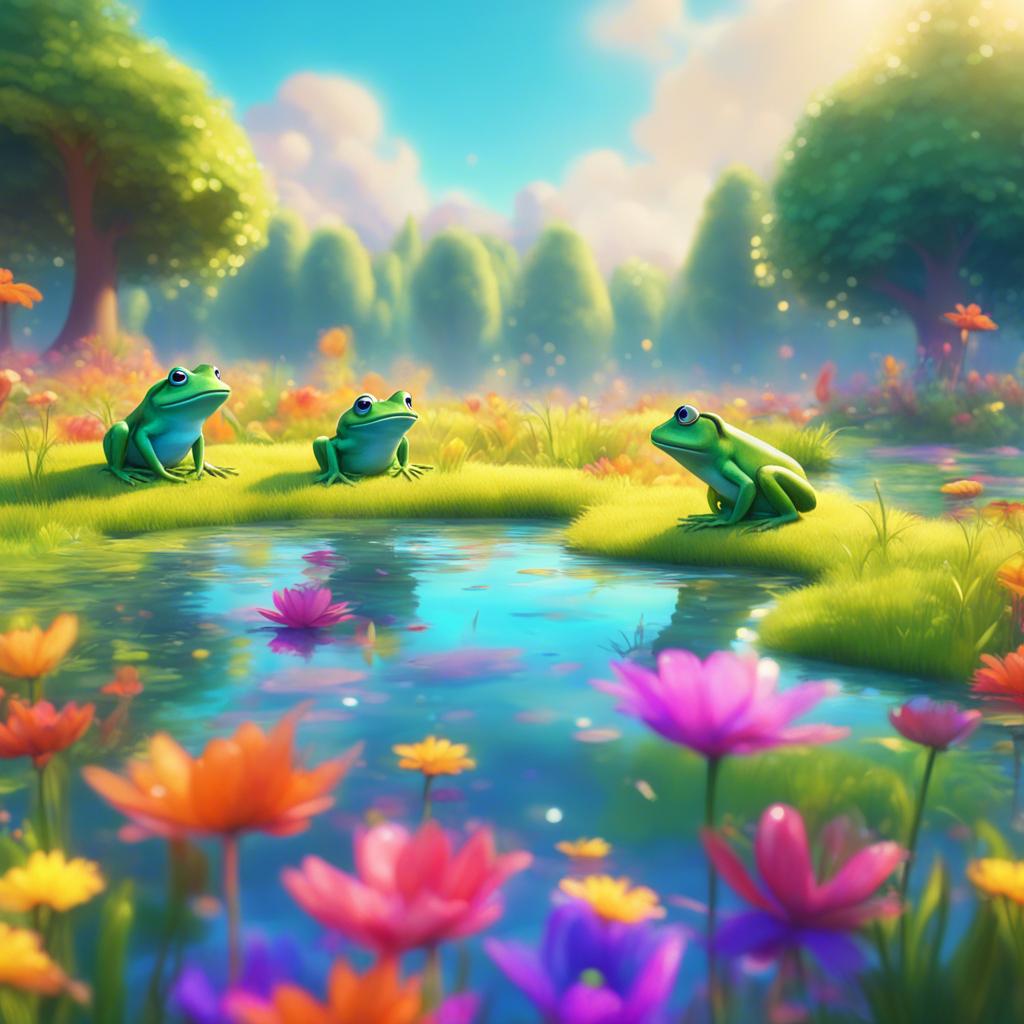 A colorful meadow with ten frogs of different colors frolicking, a sunny day, lush green grass, and a sparkling pond in the background, digital art, vibrant colors, joyful atmosphere, high quality
