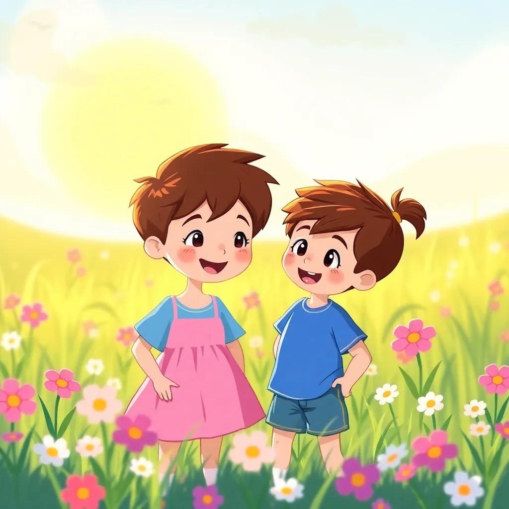 A cheerful little boy, Toby, with short brown hair, wearing a blue t-shirt and shorts, standing in a sunny meadow, talking to his sister Tina, who has pigtails, wearing a pink dress, surrounded by flowers, cheerful atmosphere, bright colors, digital art, whimsical style, high quality