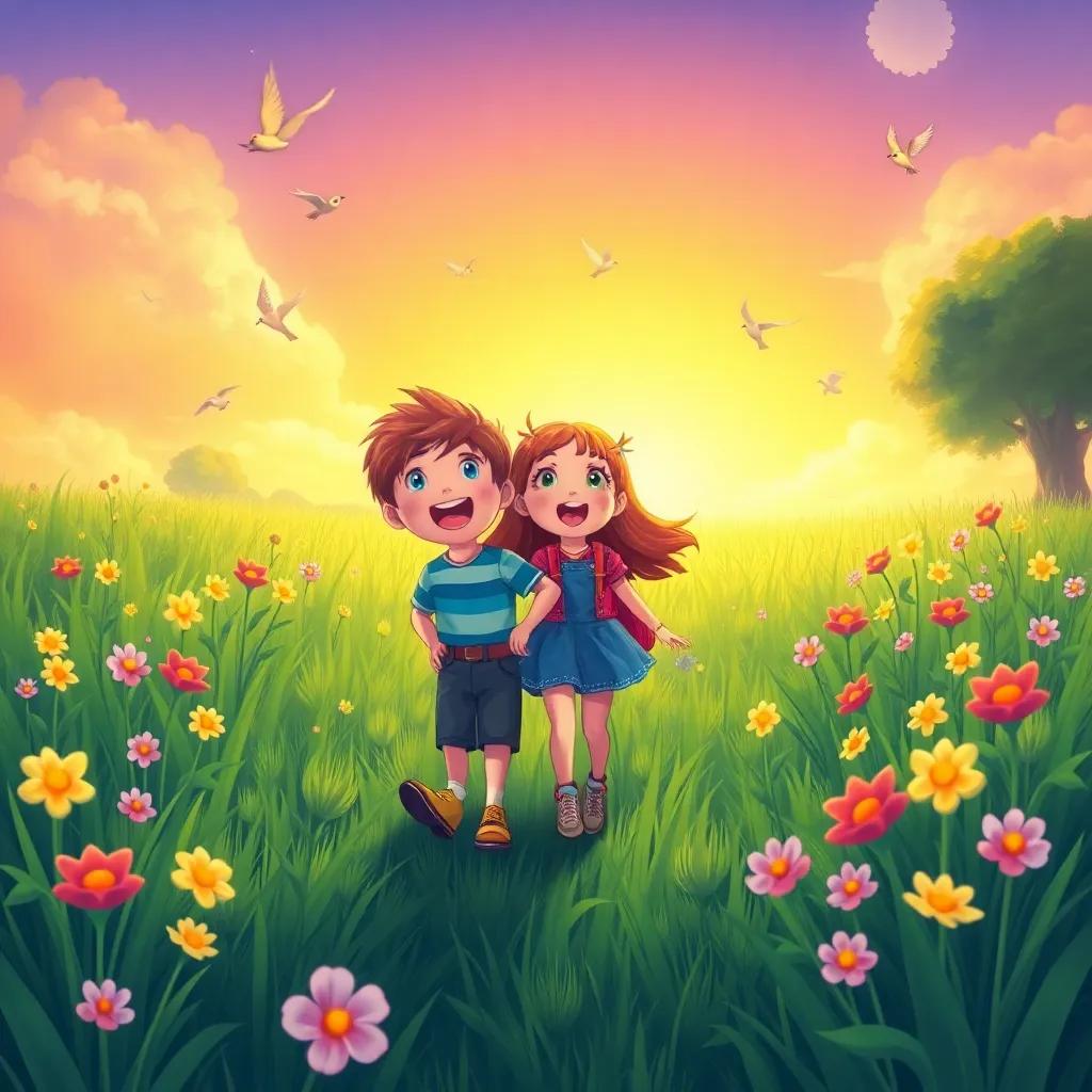 Toby and Tina walking through a green field, imagining treasures, with bright flowers and chirping birds all around, excited expressions, playful scene, vibrant colors, dreamy atmosphere, illustration, childhood fun, high detail