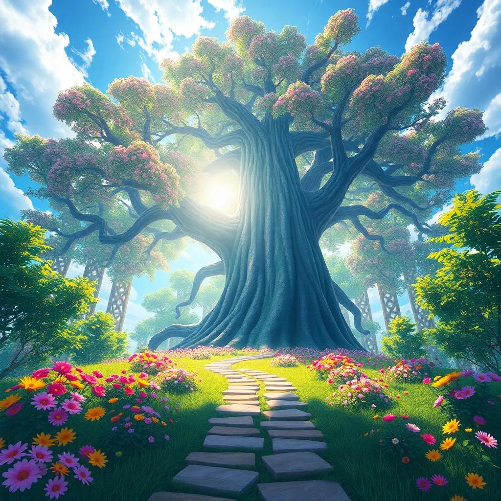 The Great Tall Tree towering in the sky, with a winding path leading up, covered in colorful flowers and leaves, sunlight shining through the branches, magical and inviting, digital artwork, cheerful, enchanting, high quality