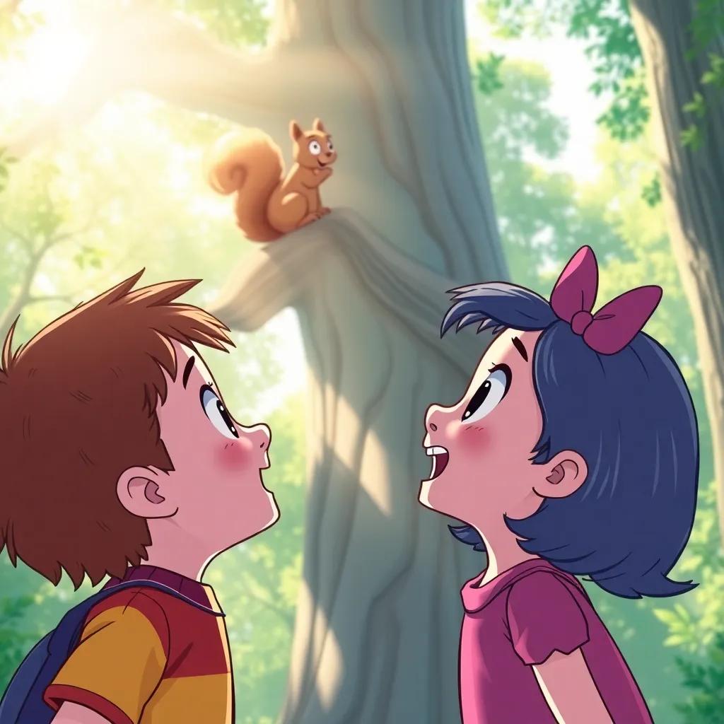 Toby and Tina looking up excitedly at a wise squirrel sitting on the tree, the background of the Great Tall Tree, bright sunlight filtering through leaves, curious expressions, child-friendly illustration, colorful and engaging