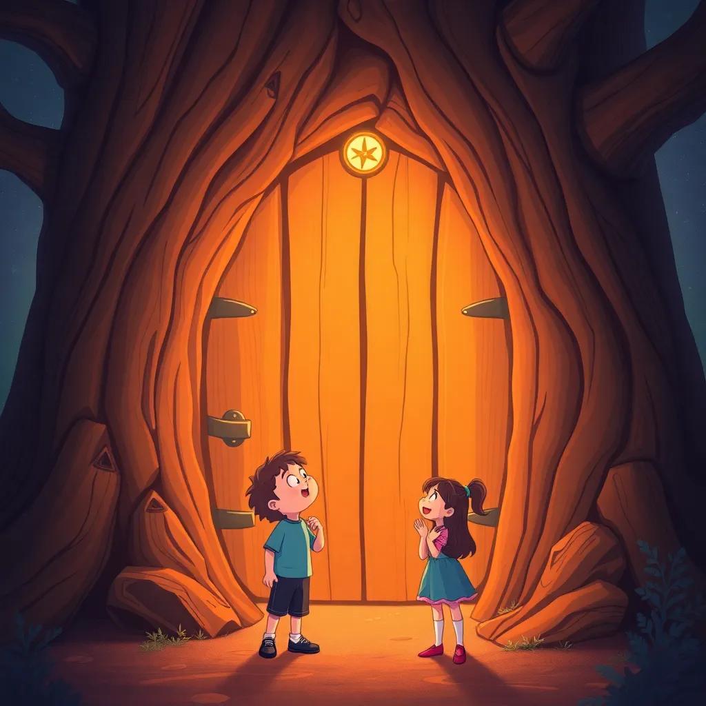The large wooden door in the trunk of the tree, decorated with magical symbols, glowing softly, Toby and Tina standing in front of it, excitement in their eyes, whimsical atmosphere, bright colors, enchanting art, high quality