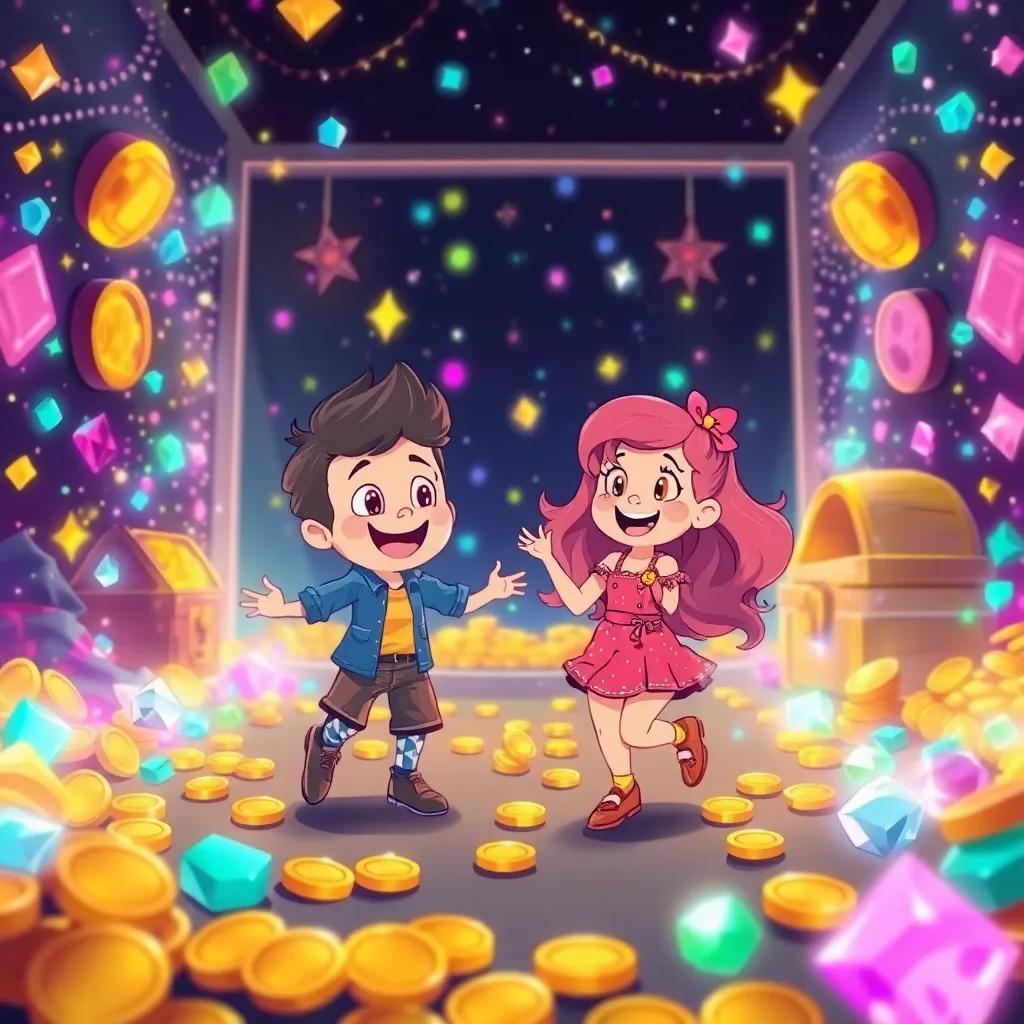 Inside a sparkling room filled with gems and golden coins, Toby and Tina dancing joyfully, with colorful lights and treasures in the background, magical and wondrous atmosphere, illustration, child-friendly, captivating colors, high quality