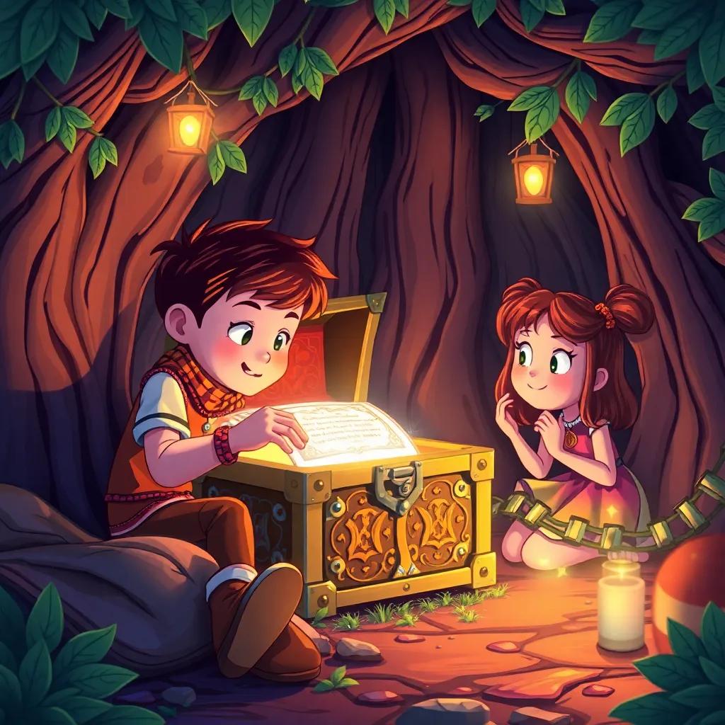A sparkling treasure chest in the cozy tree room, with intricate designs, glowing softly, Toby reading the inscription, meanwhile Tina looks on in wonder, magical setting, friendly and inviting colors, digital art, detailed and bright