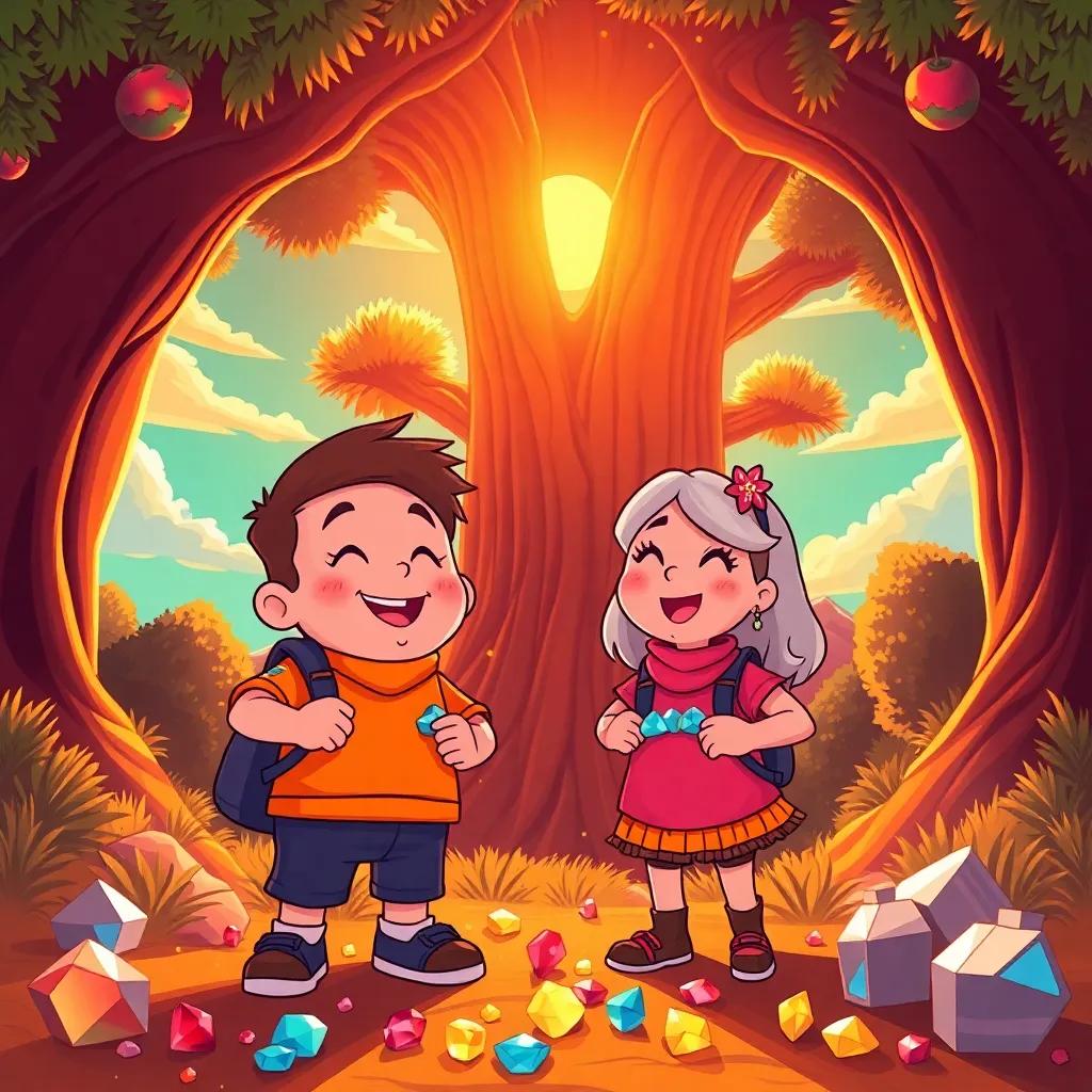 Toby and Tina, happy and excited, filling their pockets with gems outside the Great Tall Tree, the sun setting in the sky with warm colors, golden light, cheerful expressions, heartwarming scene, vibrant illustration, quality artwork