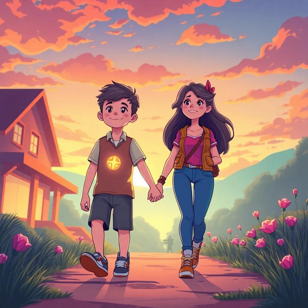 Toby and Tina walking home hand in hand, with the sky turning colorful at sunset, carrying shiny gems, happy faces reflecting the joy of their adventure, heartwarming atmosphere, bright and warm colors, engaging illustration, high quality
