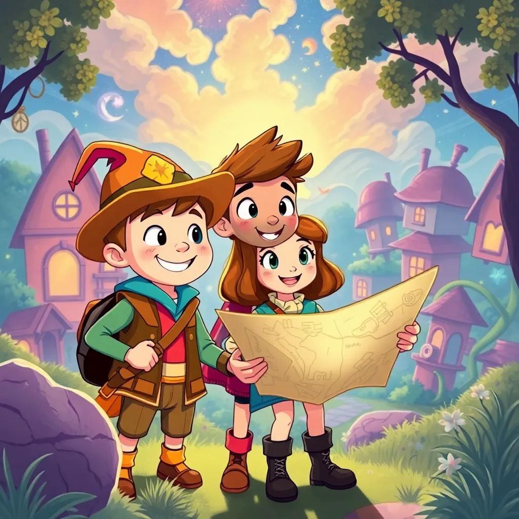 Toby and Tina, now legendary treasure hunters in their town, seeing a map of new adventures, surrounded by happy friends and family, dreamy atmosphere, full of possibilities, vibrant colors, joyful illustration, imaginative style, high quality