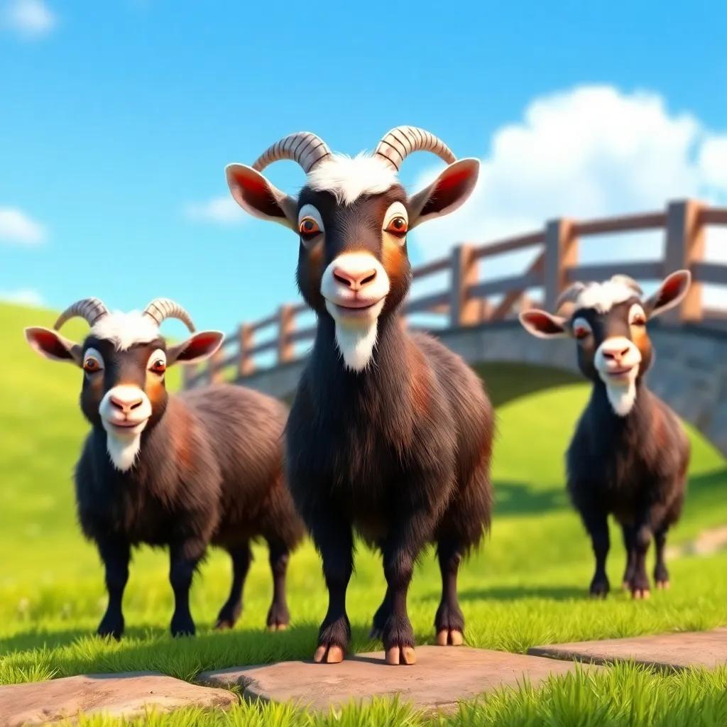 Three clever billy goats with fluffy fur and big horns standing near a bridge with a lush green meadow in the background, colorful scene, cheerful mood, bright blue sky, digital art, vibrant, inviting