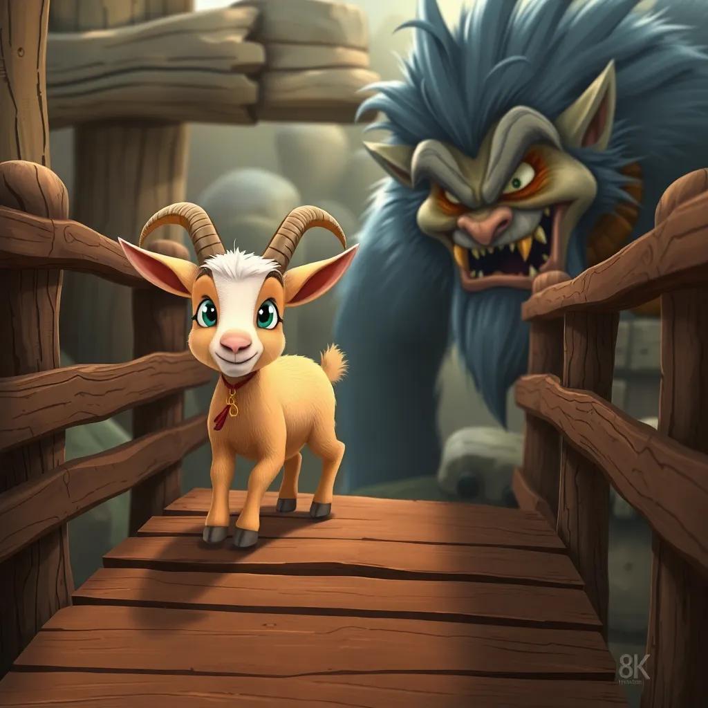 A small billy goat named Tippy, with light brown fur, walking cautiously across a wooden bridge, a big scary troll lurking below, with an angry expression, detailed digital art, slight shadows, warm tones, friendly children’s illustration