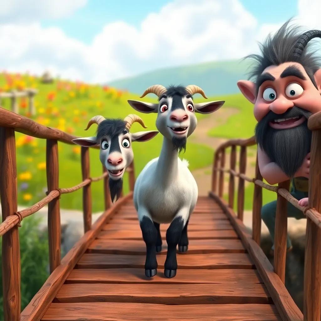 Billy, the middle goat with dark grey fur, trotting confidently on the bridge, the troll’s eyes wide with surprise, colorful meadow in the background, cheerful atmosphere, cartoon style, bright colors, high quality