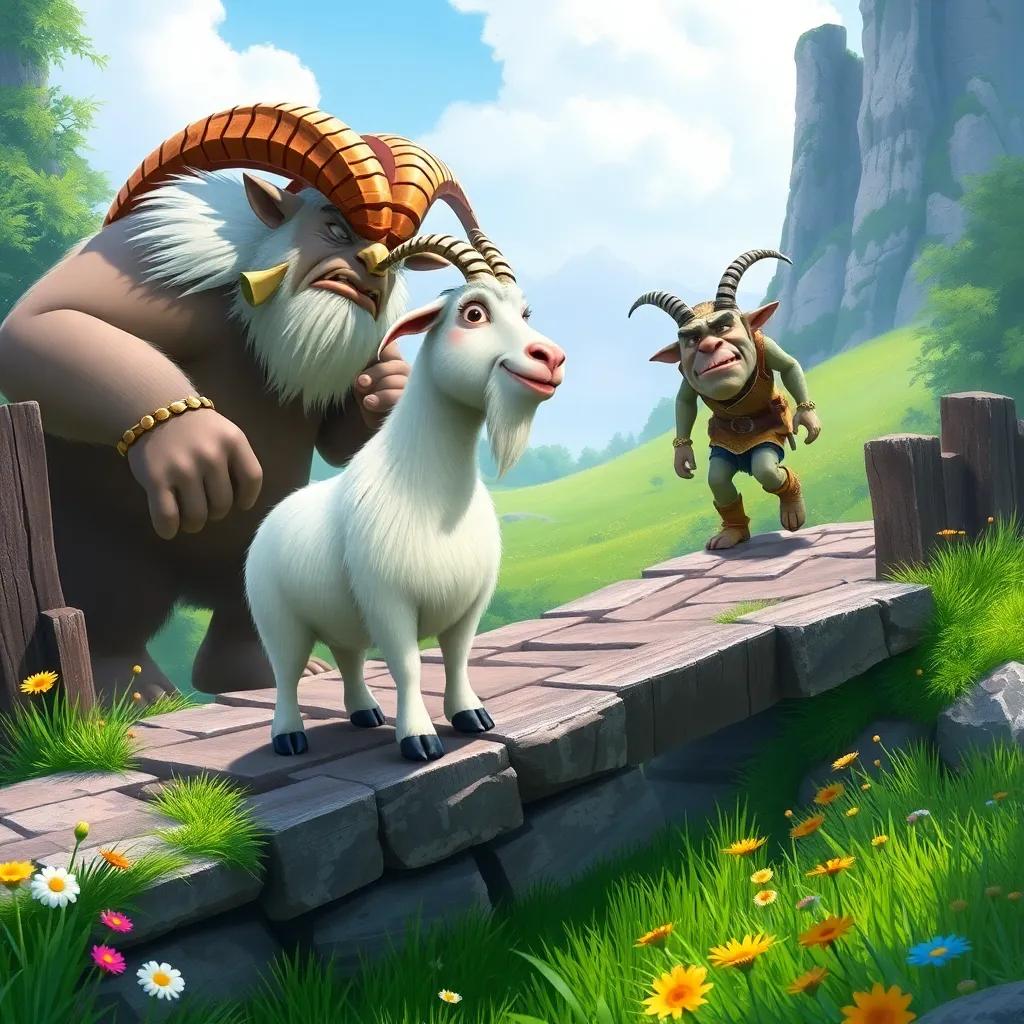 Gruff, the biggest goat with white fur and impressive horns, standing sturdy on the bridge, confronting the troll with a determined look, lush green meadow and flowers around, exciting and adventurous scene, vibrant illustration, engaging and friendly