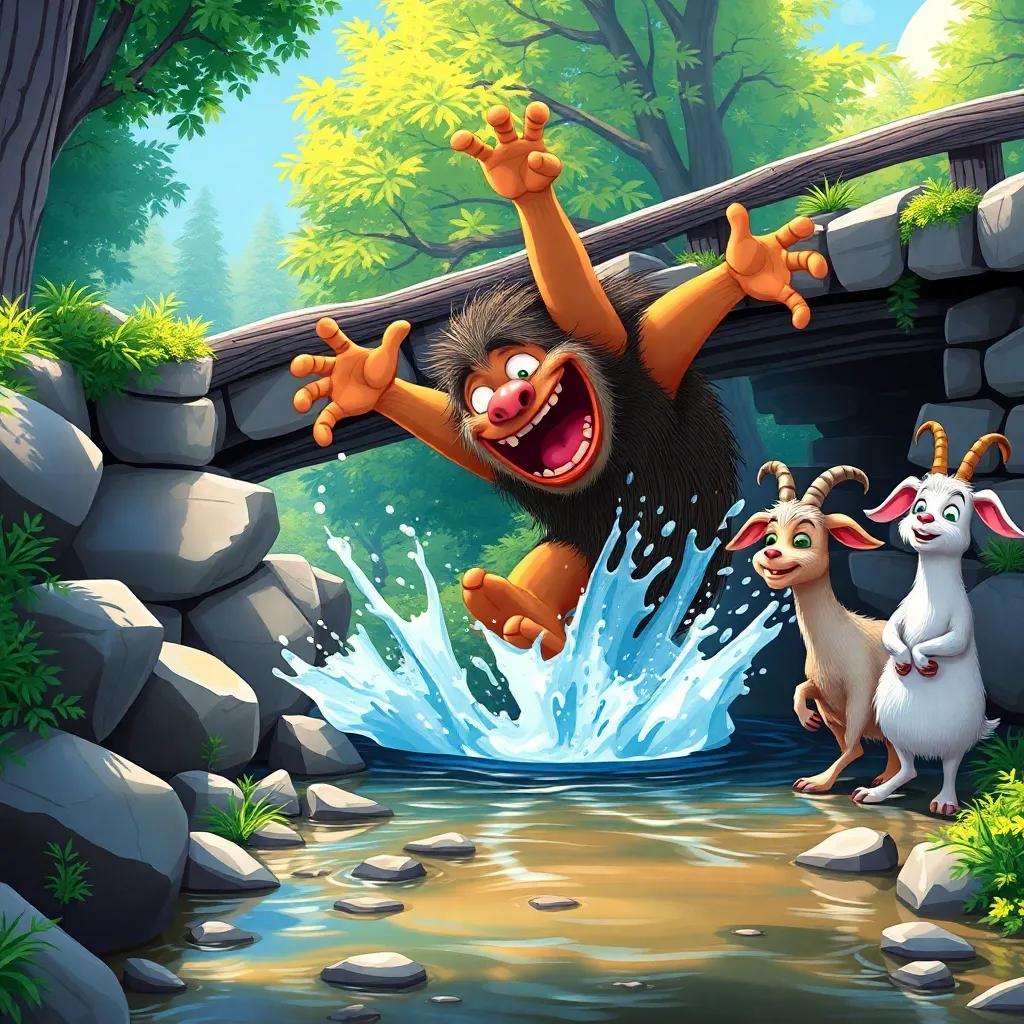 The troll tumbling backward off the bridge into a stream, splashing water everywhere, the three billy goats watching with smiles, bright and colorful, joyful scene, storytelling view, cheerful illustration