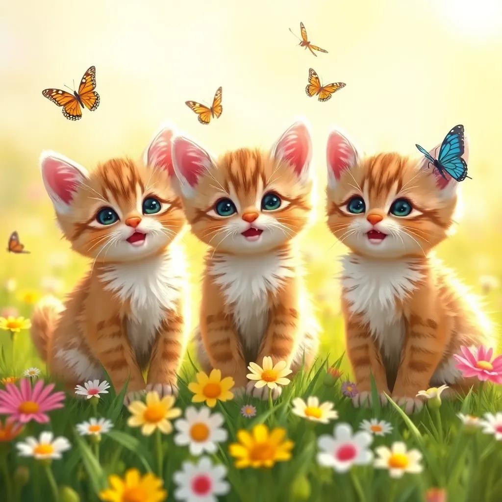 Three little kittens, with soft brown fur and cheerful expressions, playing in a sunny meadow with butterflies, bright flowers around them, digital art, warm and inviting atmosphere, vibrant colors, high quality