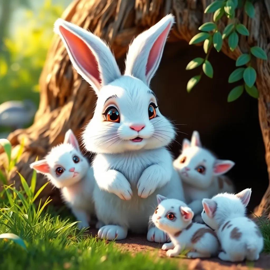 A wise rabbit with shiny white fur and gentle eyes, standing by its burrow, surrounded by greenery, helping the kittens, digital art, bright and cheerful, friendly and warm setting, high quality