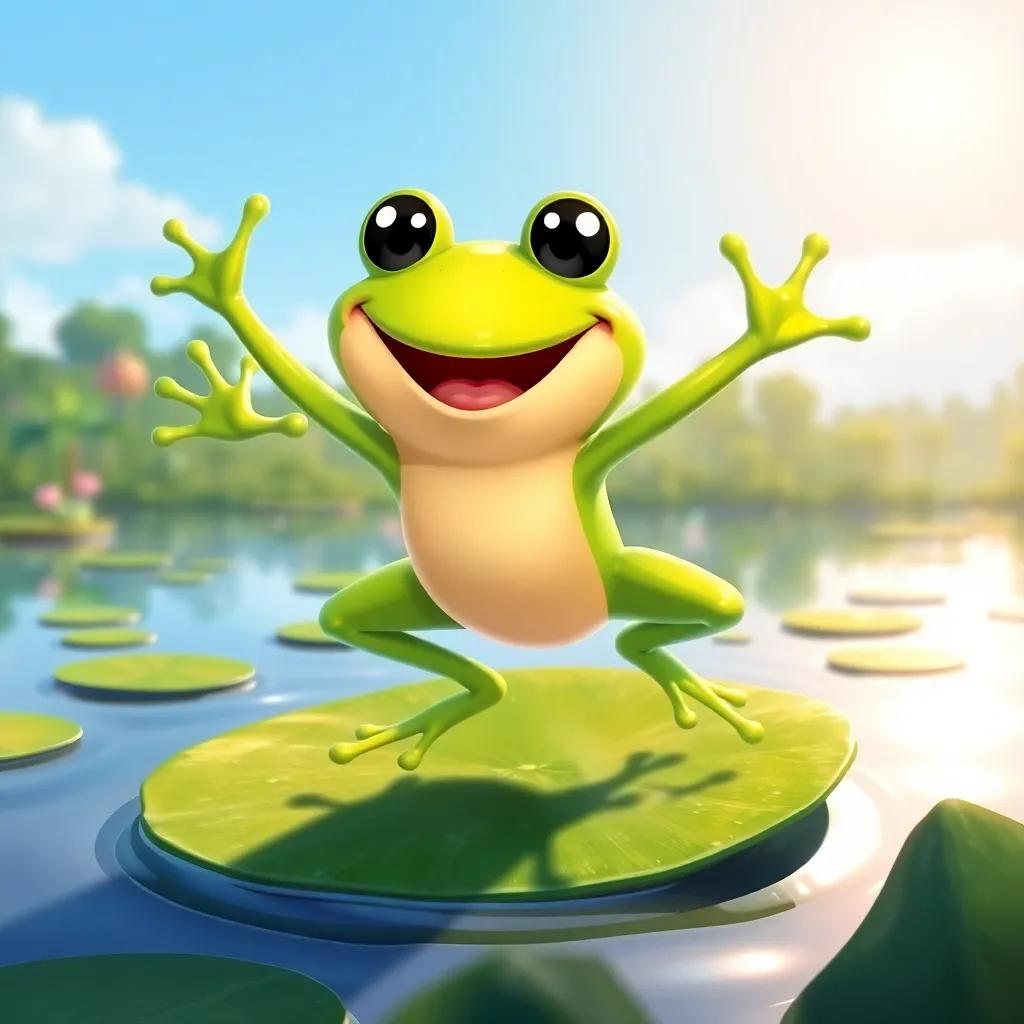 A happy frog on a lily pad, bright green with a smiling face, leaping into the air excitedly, on a sunny day near a pond, digital illustration, playful and colorful, cheerful mood, high quality