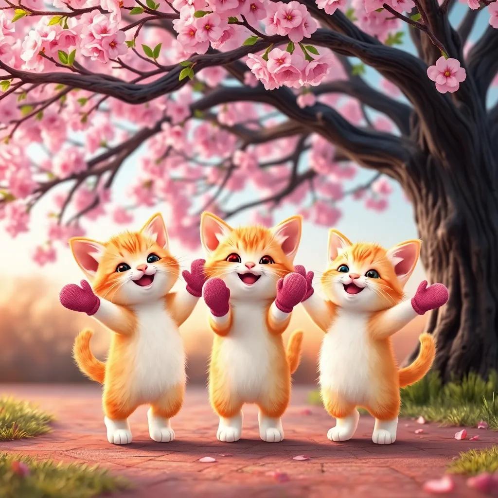 Three little kittens dancing in joy, holding two mittens, under a beautiful old cherry tree with pink blossoms, vibrant and colorful setting, digital art, joyful and celebratory atmosphere, high quality