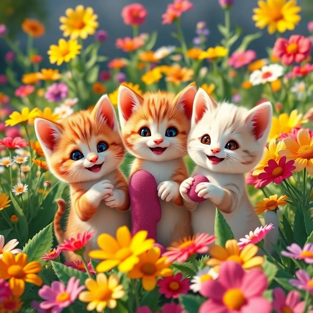 In a colorful garden full of flowers, three kittens smiling as they find a last mitten, a sunny day with bright colors, digital illustration, cheerful and bright, engaging atmosphere, high quality