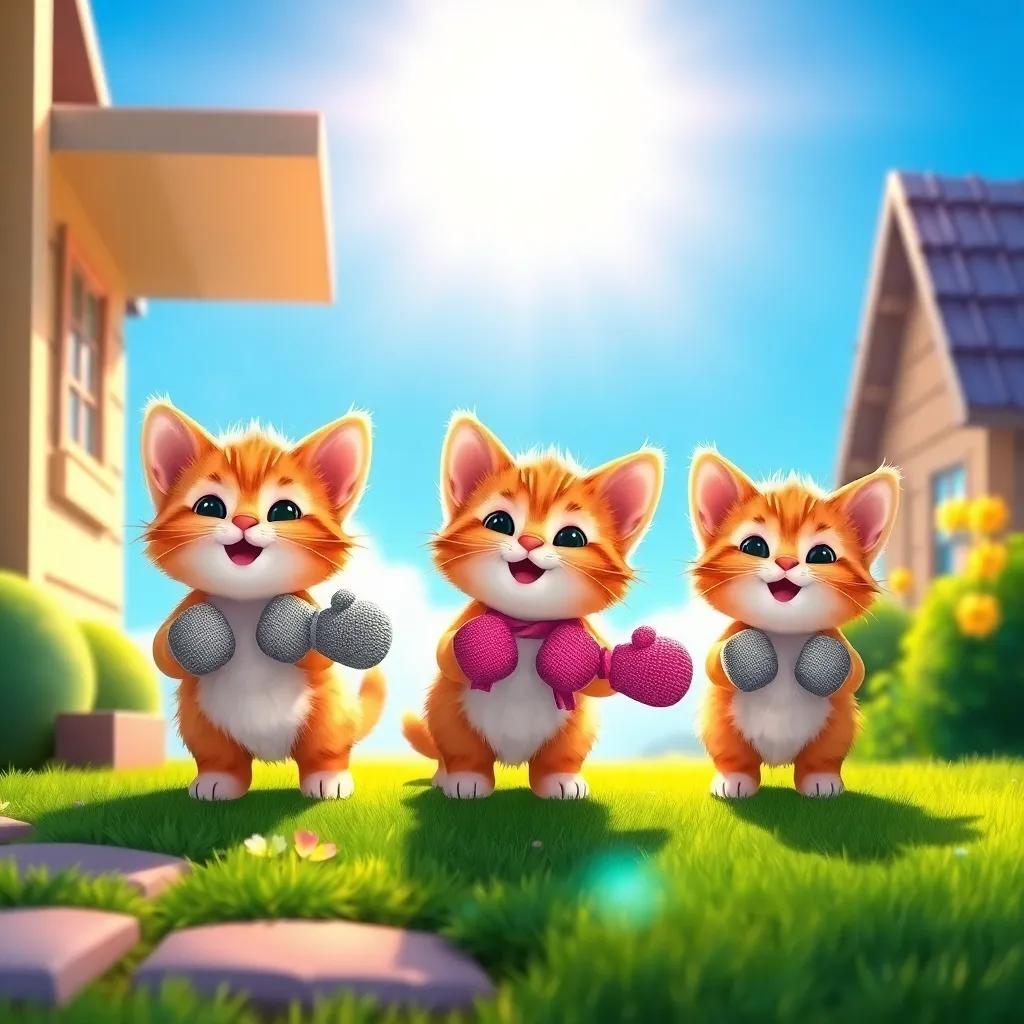 Three little kittens happily returning home, mittens in their paws, with a clear blue sky and shining sun, colorful and bright scene, digital art, heartwarming and happy mood, high quality