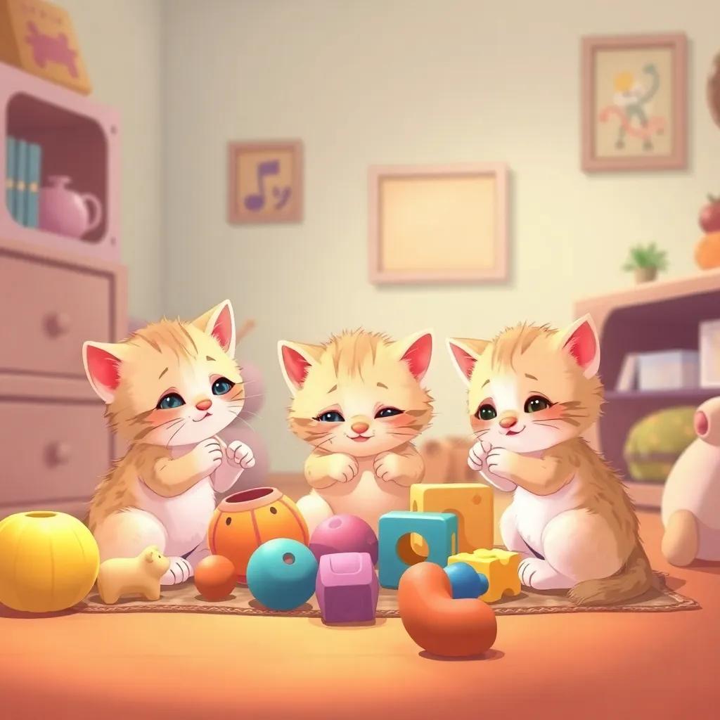 Three little kittens tidying up their toys in a cozy home, showing responsibility, soft colors and a warm atmosphere, digital illustration, inviting and cheerful, high quality