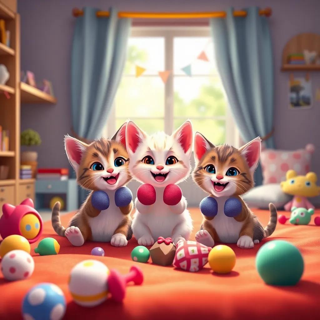 A joyful bedroom scene filled with toys and mittens, three little kittens playing together, bright and colorful, digital art, cheerful and engaging atmosphere, high quality