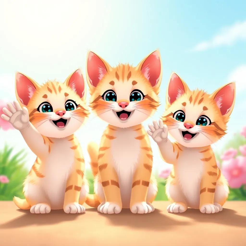Three little kittens smiling as they wave goodbye, a lesson learned about taking care of their things, bright and vibrant scene with a sunny background, digital illustration, positive and warm, high quality