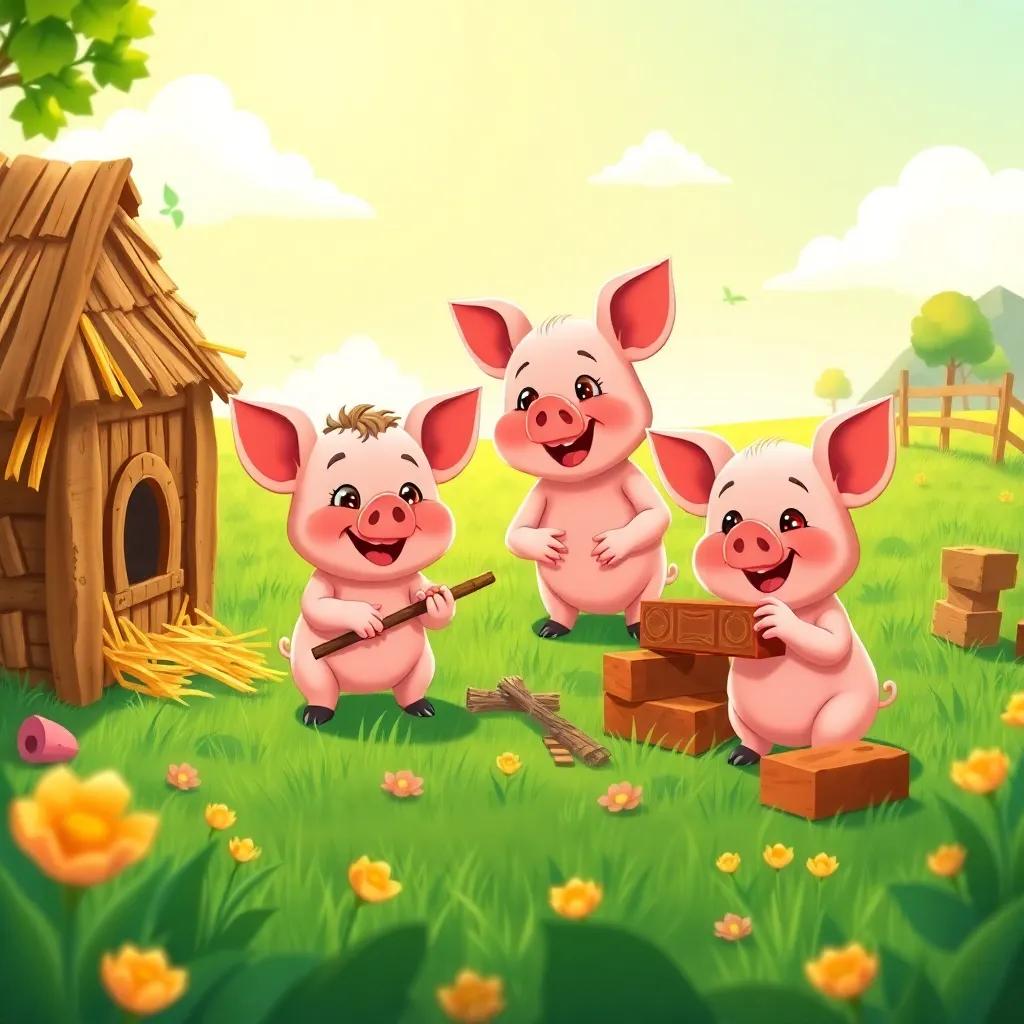 Three little pigs playing in a sunny field, one pig building a straw house, another pig gathering sticks, the third pig working with bricks, colorful cartoon style, cheerful atmosphere, vibrant colors, playful perspective, playful and fun