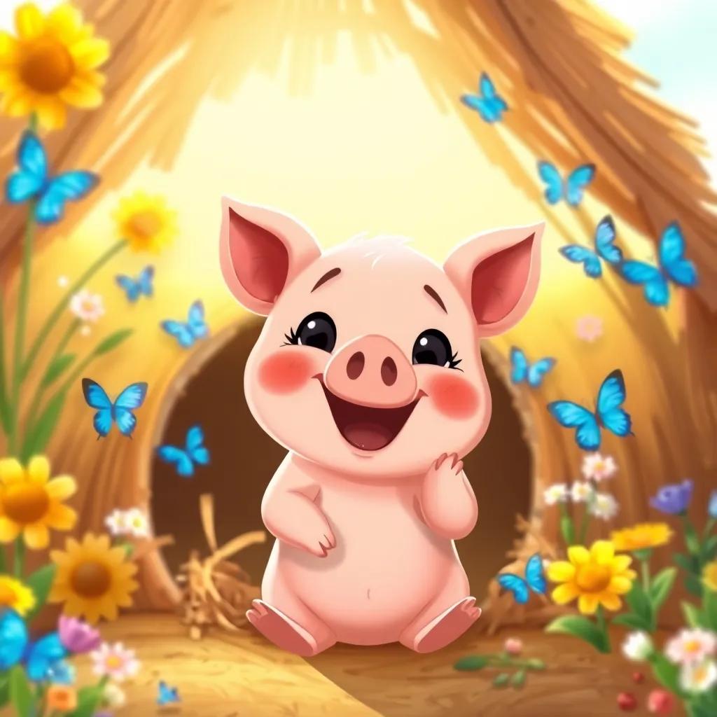 The first little pig, with a big smile, building a house of straw, surrounded by sunny flowers and blue butterflies, bright whimsical cartoon, lively and happy, soft light, warm colors, child-friendly viewpoint, joyful