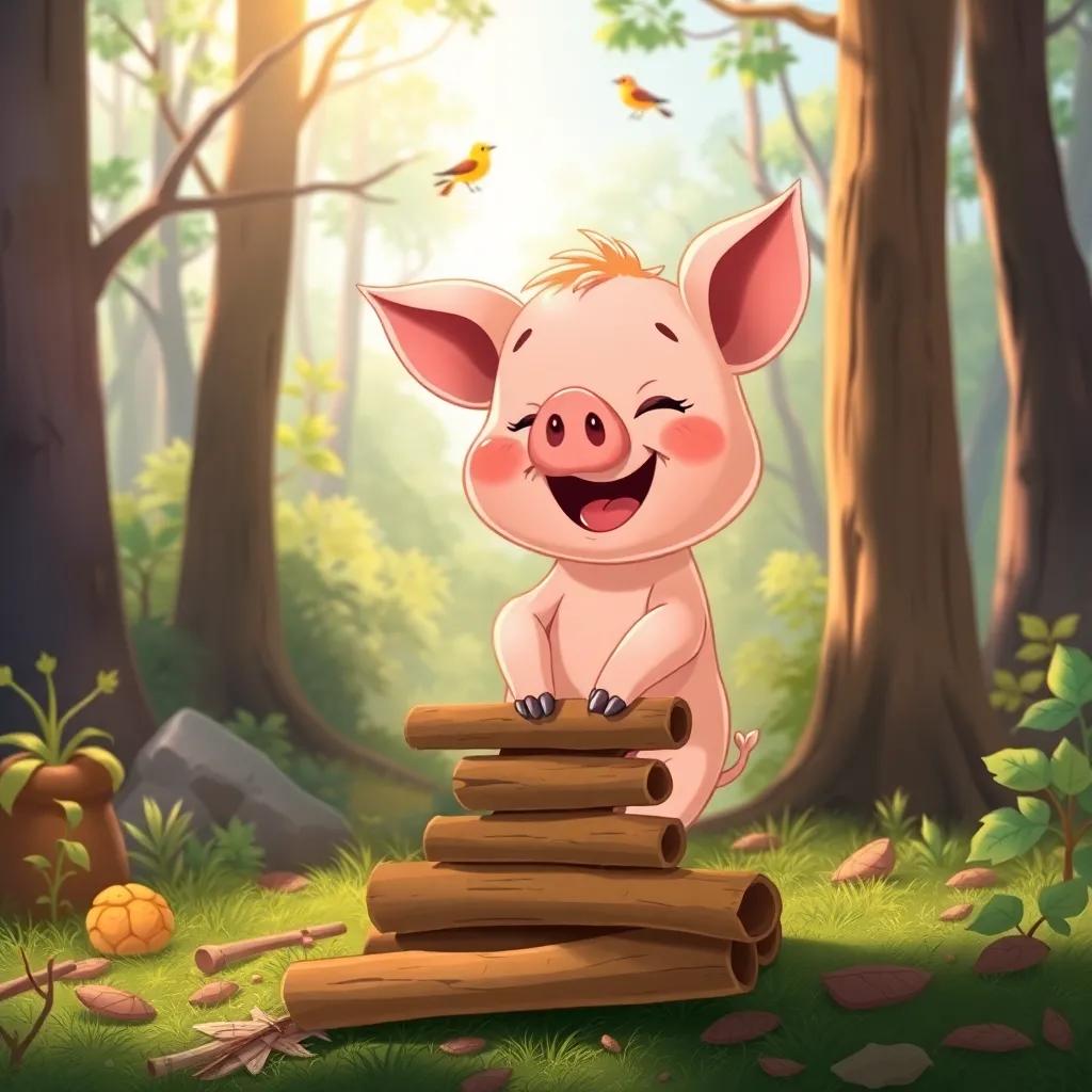 The second little pig, happily stacking sticks, with a forest background filled with trees, birds chirping, bright cartoon style, rich colors, cheerful light, playful essence, joyful tone