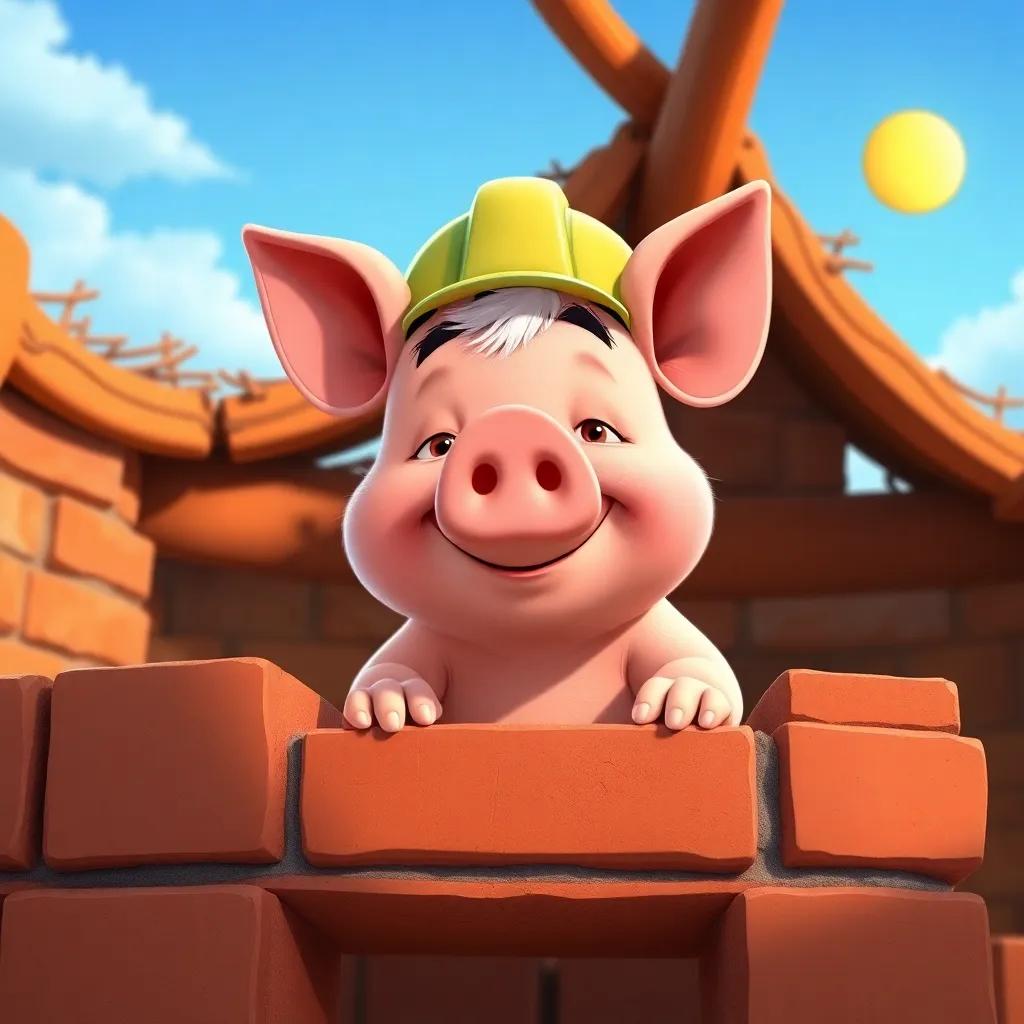 The third little pig, serious yet happy, laying bricks in a strong house, wearing a little hard hat, with blue skies and a friendly sun, detailed cartoon style, warm light, uplifting colors, hard work vibe