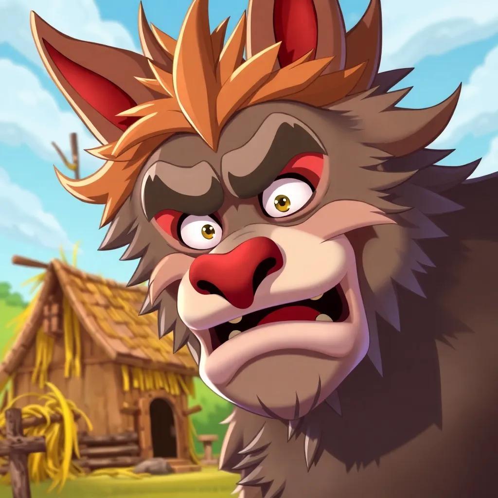 The big bad wolf, looking frustrated, trying to blow down the straw house, cartoonish style, exaggerated facial expressions, colorful setting with the straw house collapsing, bright colors, humorous angle, funny perspective
