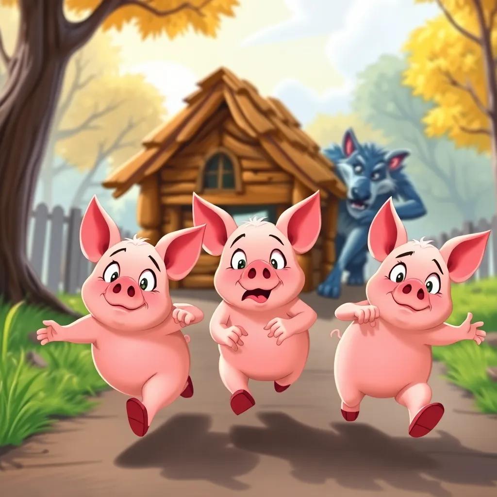 Pigs running together to the stick house with worried expressions, the wolf chasing behind, vibrant colors, fast-paced cartoon style, dynamic angles, playful perspective, exciting movement