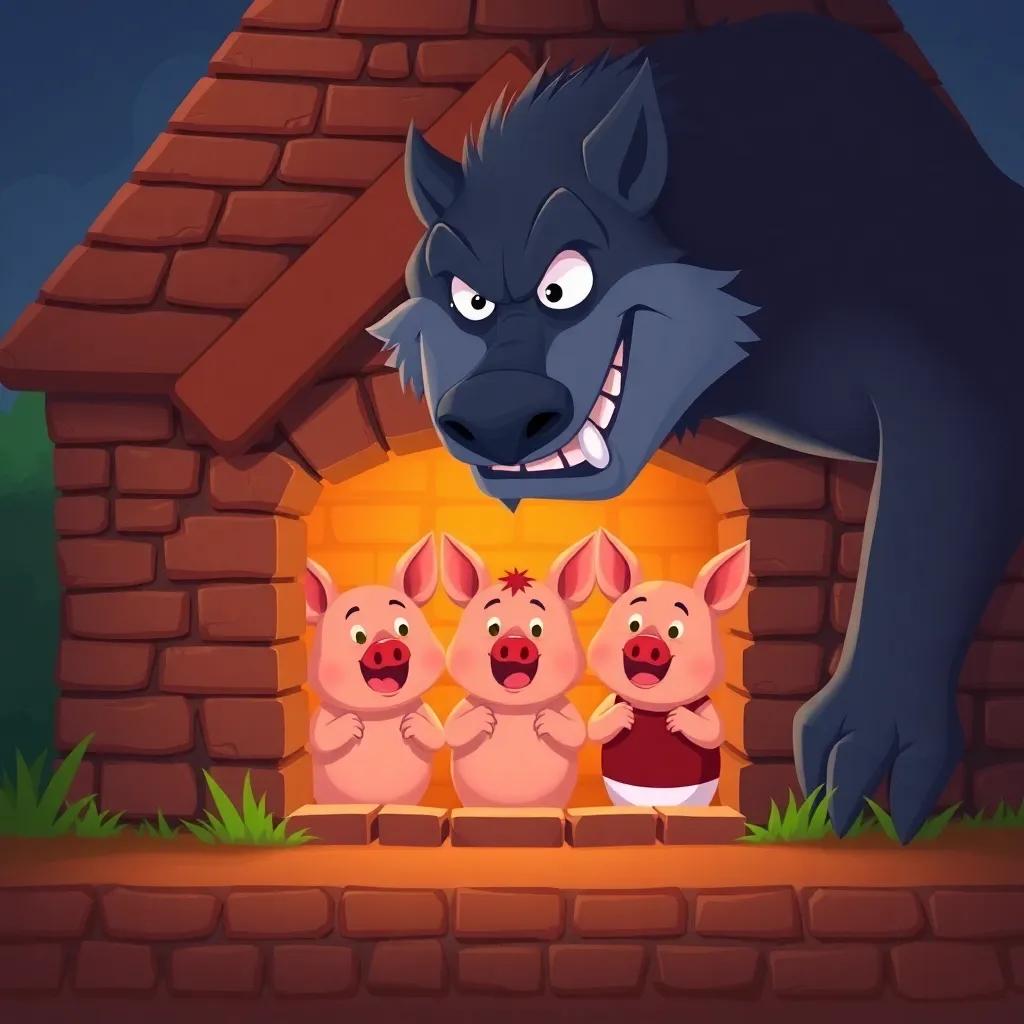 The wolf huffing and puffing at the brick house, the three pigs inside looking brave, cheerful cartoon style, bright colors, protective atmosphere, child-friendly imagery, strong teamwork vibe