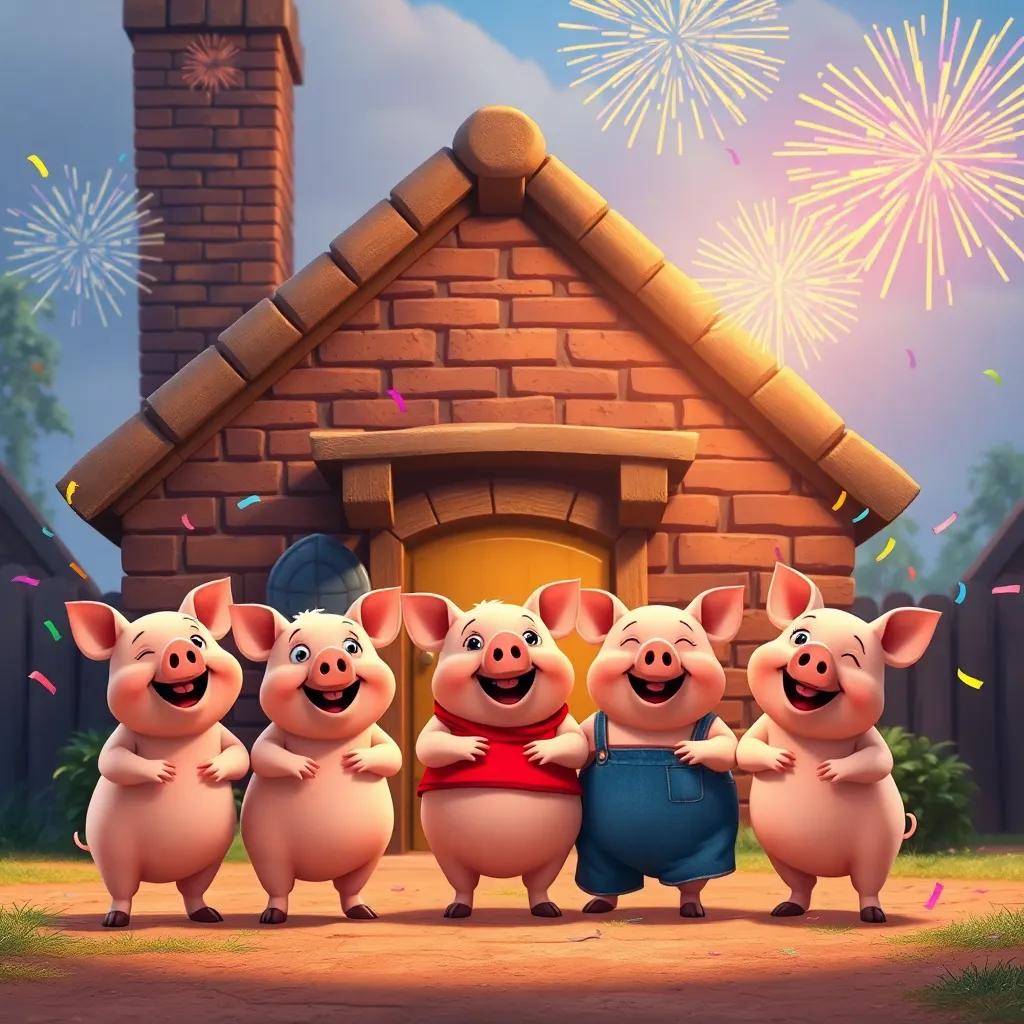 The final scene of pigs celebrating together in front of the strong brick house, with confetti and smiles, colorful fireworks in the sky, joyful cartoon atmosphere, bright and festive