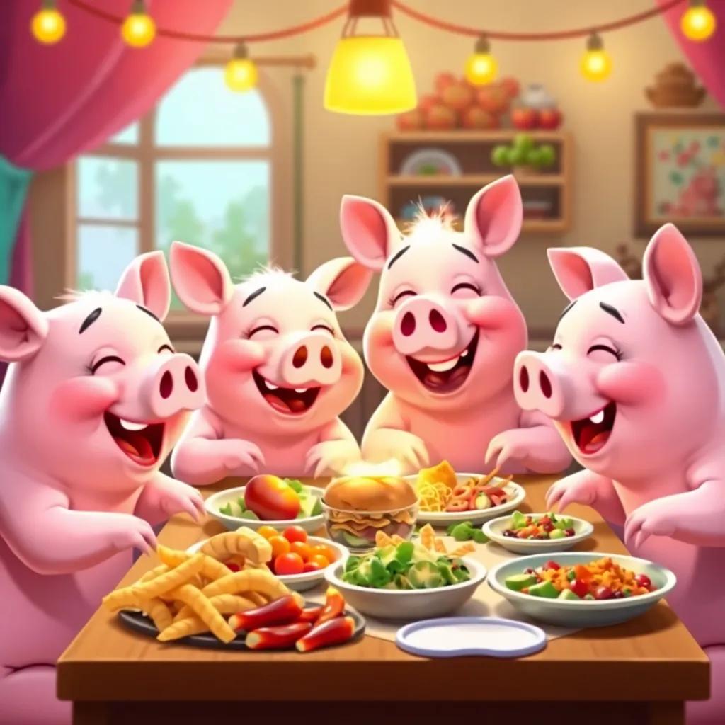 The pigs eating and laughing together at a table with delicious food, cozy and colorful scene, bright lighting, happy expressions, warm and inviting, child-friendly design