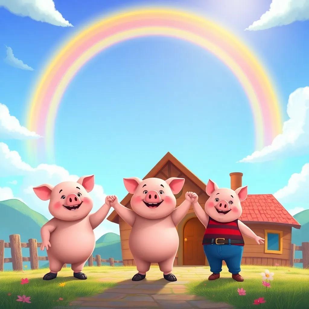 A big, bright rainbow overhead with the three little pigs holding hands, standing proud outside their strong house, cheerful setting filled with colors, hope and joy, bright cartoon style, uplifting scene