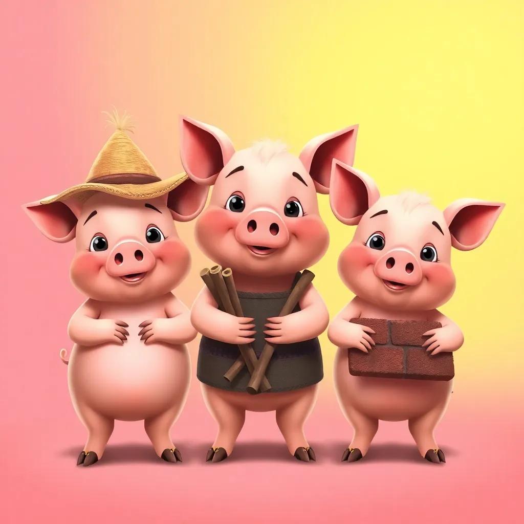 Three little pigs standing together, the first pig wearing a straw hat, the second pig holding sticks, and the third pig with a brick, bright colorful background, cheerful illustration, child-friendly; 1:1, high quality