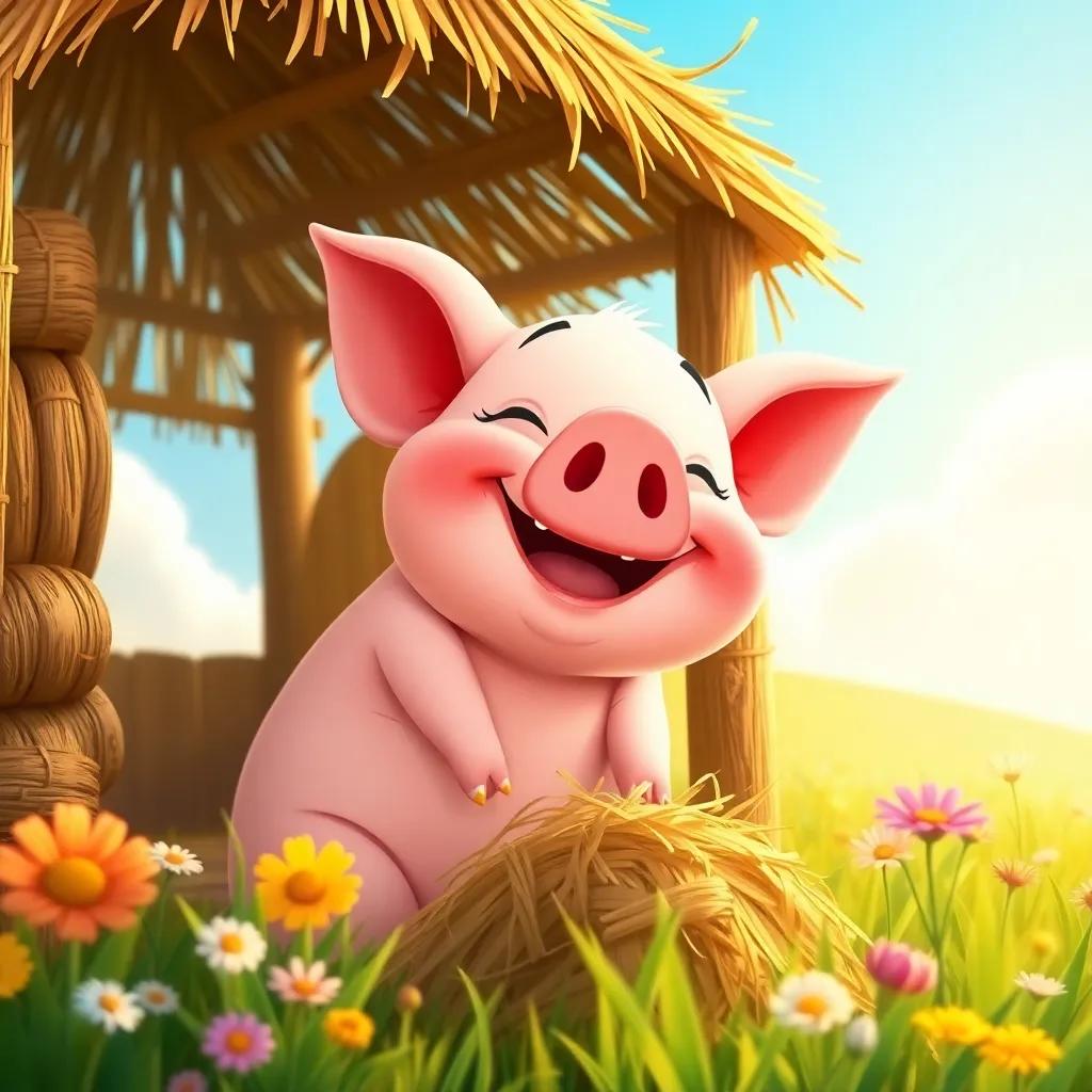 A joyful pig building a house of straw, smiling in a sunny field with flowers, warm sunlight and vibrant colors, digital art, charming and whimsical