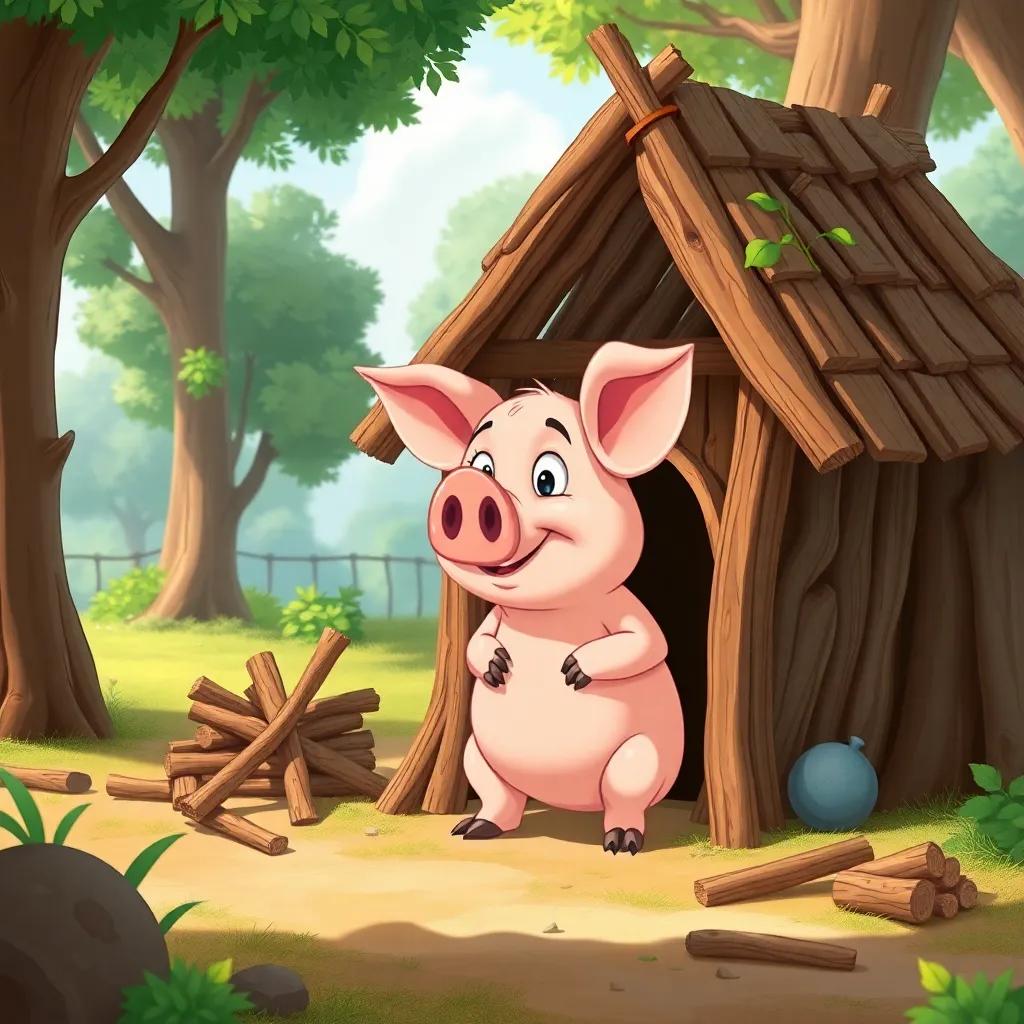 A clever pig constructing a house of sticks, with trees and nature surrounding, bright colors, cartoonish style, friendly atmosphere, high quality
