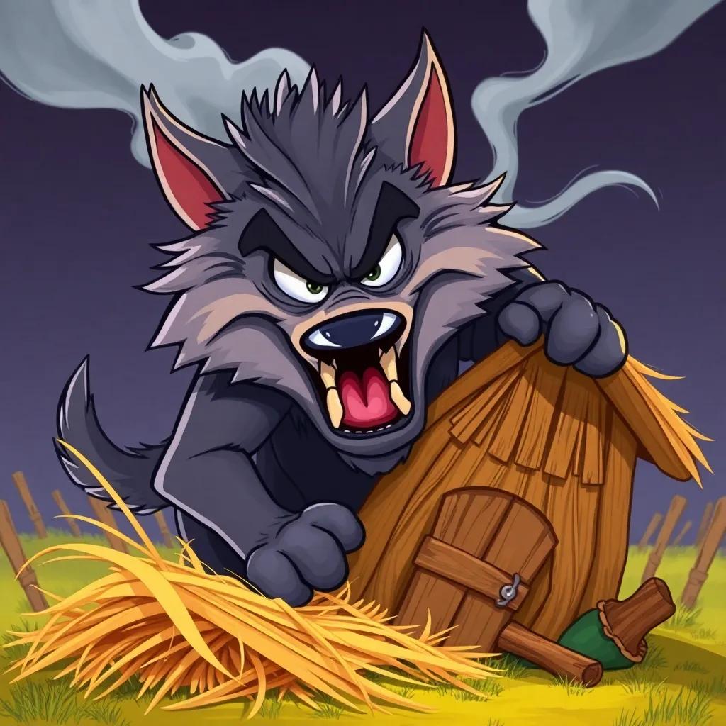 A big bad wolf blowing down a straw house, looking fierce but cartoonish, with gusts of wind, vibrant colors, playful style, high quality
