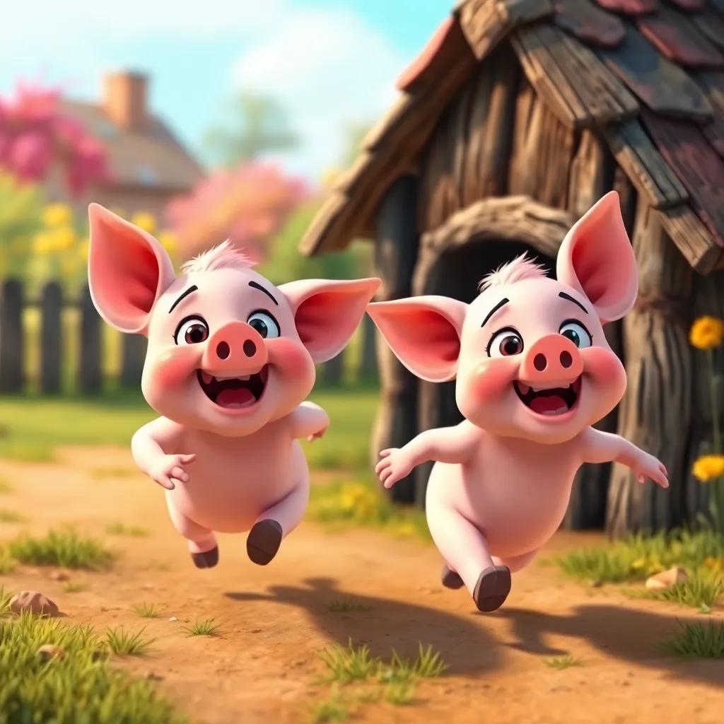 Two little pigs running to a stick house, looking frightened and fast, with a colorful backdrop, digital art, whimsical and playful
