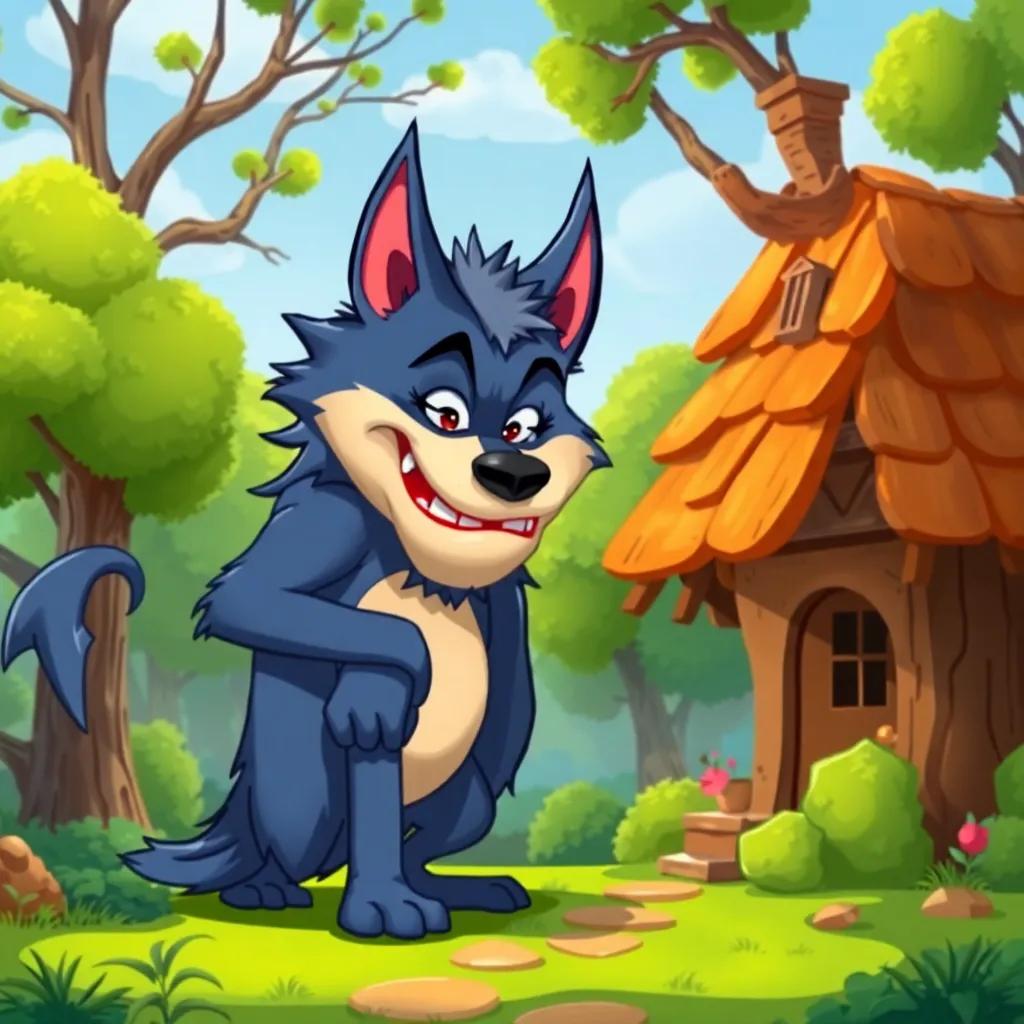 A big bad wolf huffing and puffing at the stick house, surrounded by trees and bushes, cartoonish style, vivid colors, energetic scene, high quality