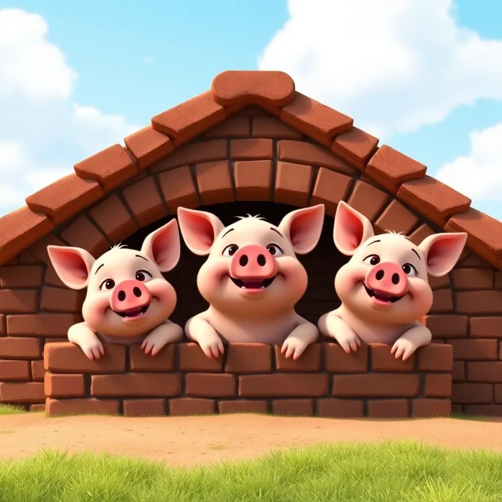 Three little pigs in a strong brick house, looking proud and happy, with a solid brick structure behind them, landscape with clear sky, joyful atmosphere, high quality