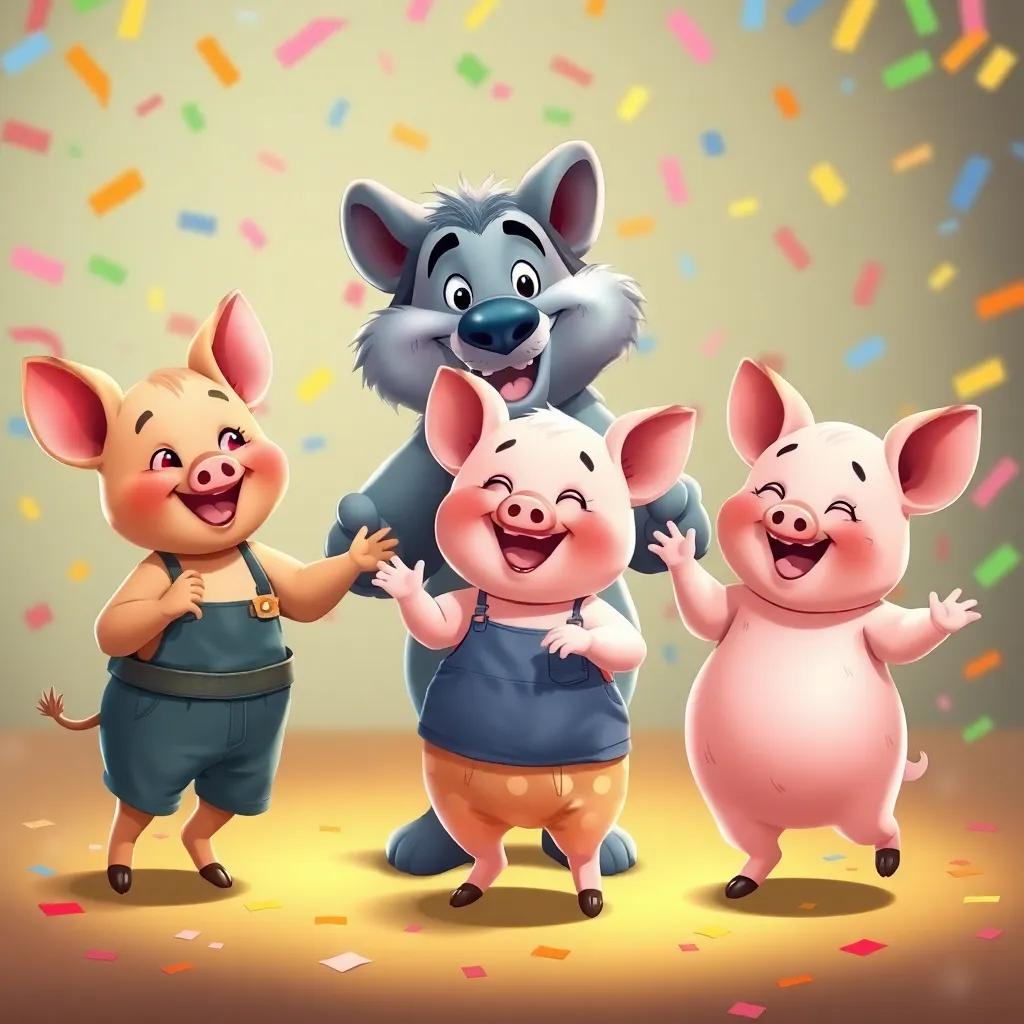The three little pigs dancing with the wolf, all smiling happily, colorful background with confetti, lively scene, digital illustration, cheerful and child-friendly, high quality
