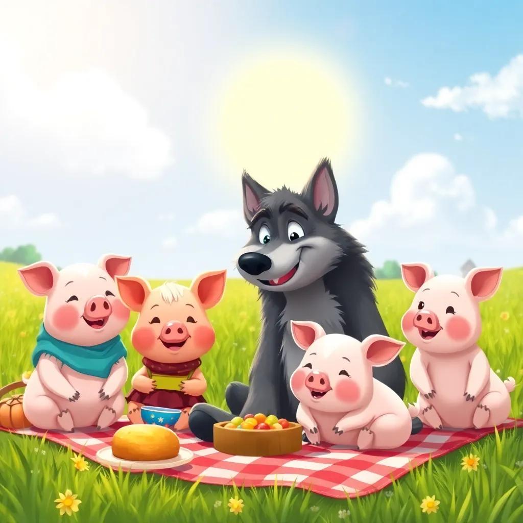 The wolf sitting down with a smile next to the pigs, everyone enjoying a picnic in a sunny field, bright colors, charming illustration, friendly atmosphere, high quality