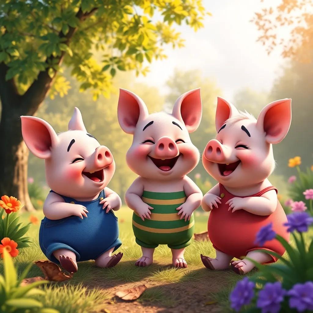 The three little pigs playing together in the park, surrounded by nature, laughter in the air, colorful, happy and bright setting, high quality