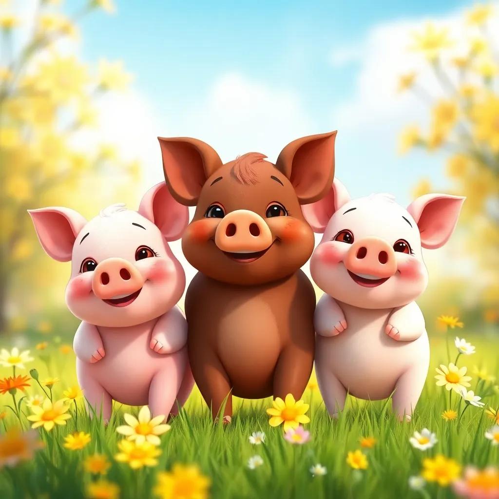 Three little pigs, cartoonish style, standing happily together in a sunny meadow, each pig with different colors: pink, brown, and white. Bright flowers around them, playful, cheerful atmosphere, digital art, vibrant colors, friendly vibe, high quality