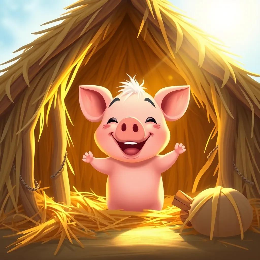 A cheerful pig building a straw house, smiling with determination, surrounded by hay and straw, bright sunshine illuminating the scene, colorful illustration, warm light, inviting atmosphere, whimsical