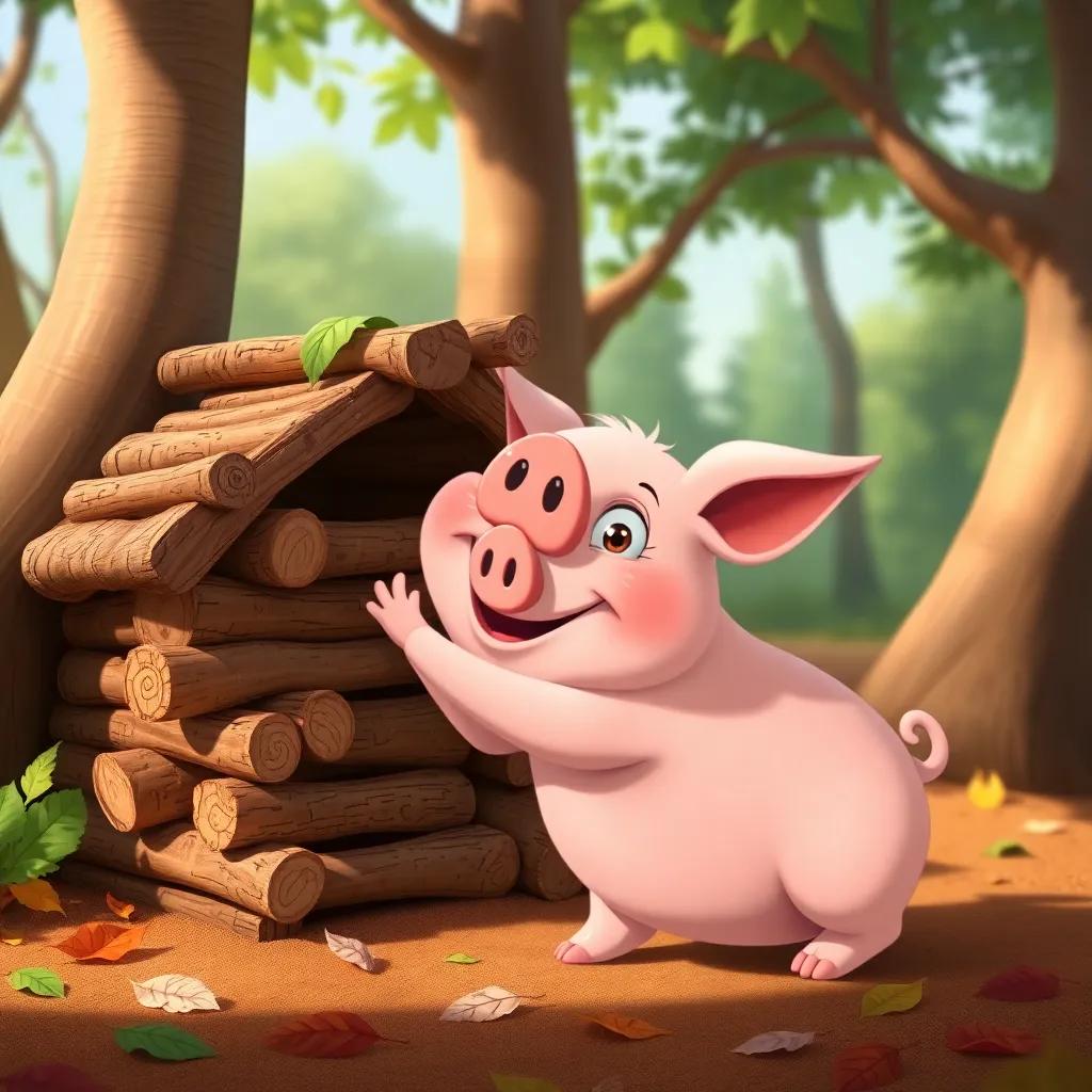A second pig busy stacking sticks for his house, looking content and a bit mischievous, surrounded by trees and leaves, playful ambiance, colorful digital art, cheerful style, high quality